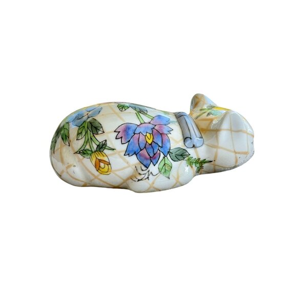 Decorative Hand-Painted Ceramic Cat Figurine With Floral Design - Picture 2 of 7